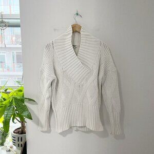 Kenzo White Cable Knit V Neck Foldover Sweater Size Small
